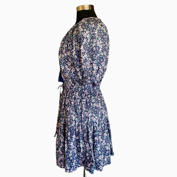 Lucky Brand Blue Floral Puff Sleeve Dress Size Small Self Tie Tassels Boho Style - Picture 4 of 9
